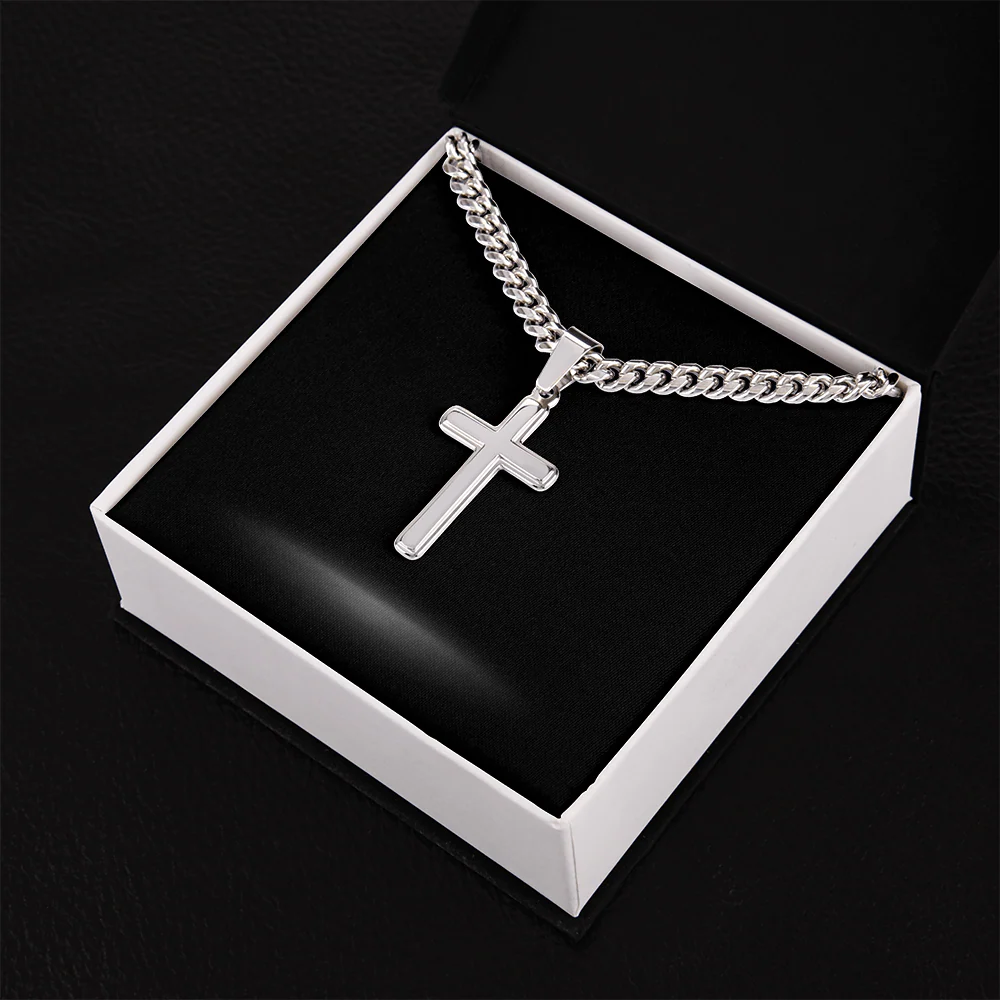 Cuban Chain Engraved Cross and Personal Card - Image 3