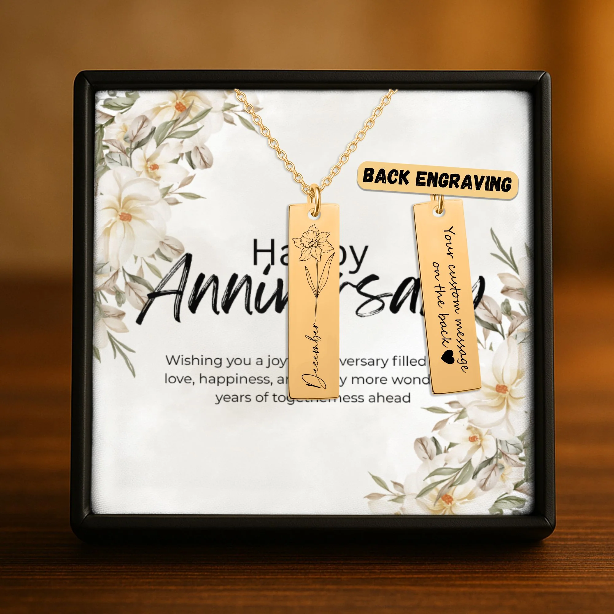 Month Flower Vertical Bar Necklace Gift with Custom Message Card  + - Image 3