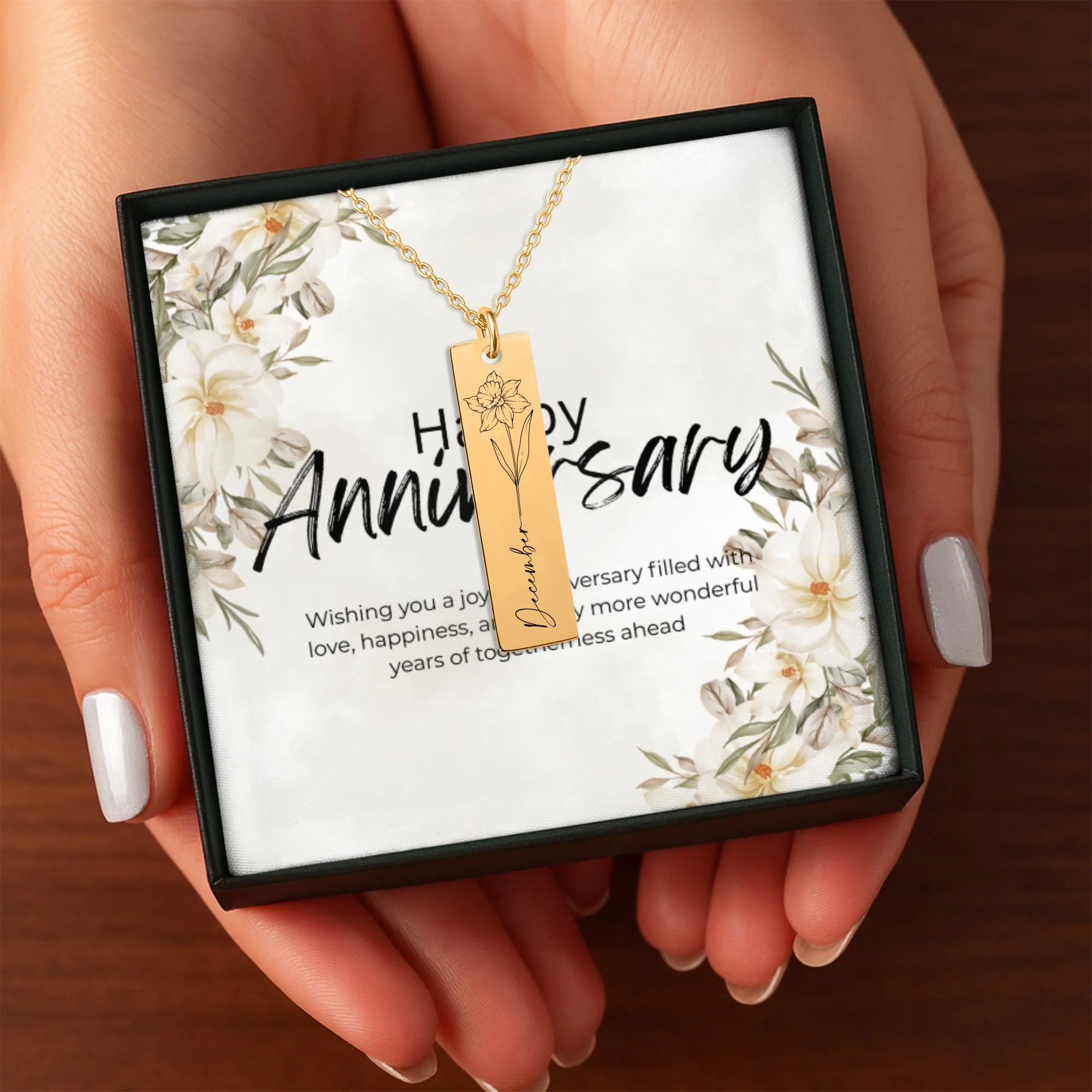 Month Flower Vertical Bar Necklace Gift with Custom Message Card  + - Image 9